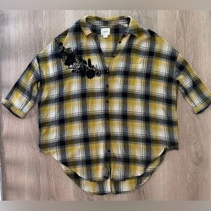 Anthropologie Maeve Black/Yellow Plaid‎ Oversized Embroidered 3/4 Sleeve SZ XS